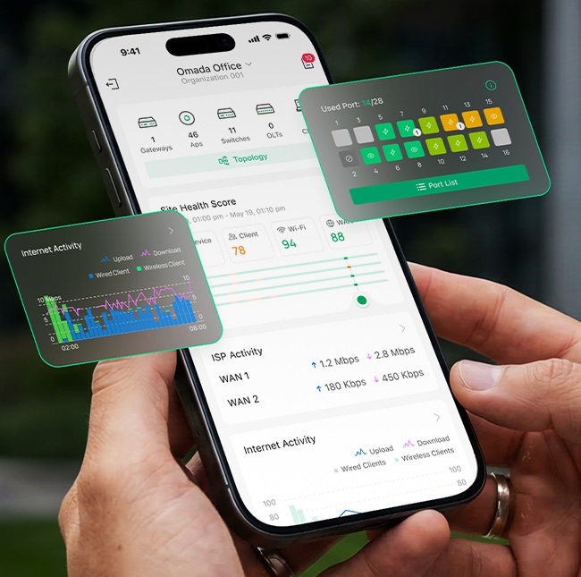 Official Omada App interface showing site health, connected devices and network activity on a phone