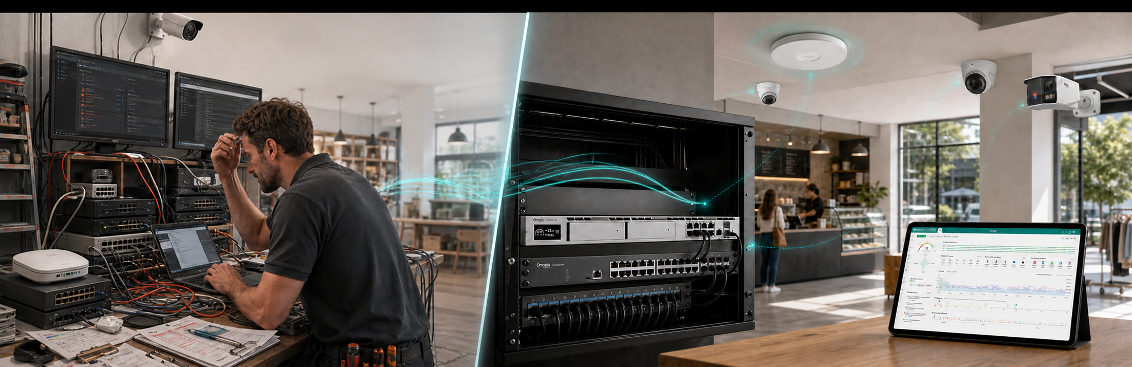 Illustration from the Q3 business exchange: a complex installation with separate devices and tangled cabling on the left, an orderly integrated Omada deployment on the right