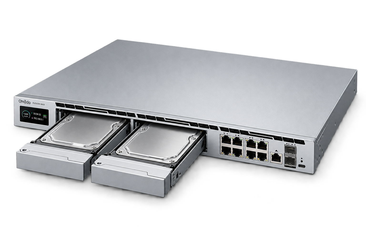 Omada Fusion Max 10G rackmount gateway with dual HDD trays pulled out